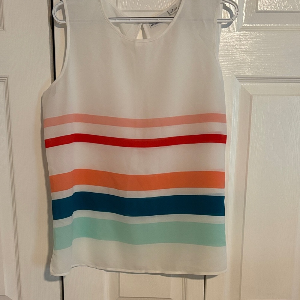 Liz Claiborne White Sleeveless Top with Multicolor Horizontal Stripes
